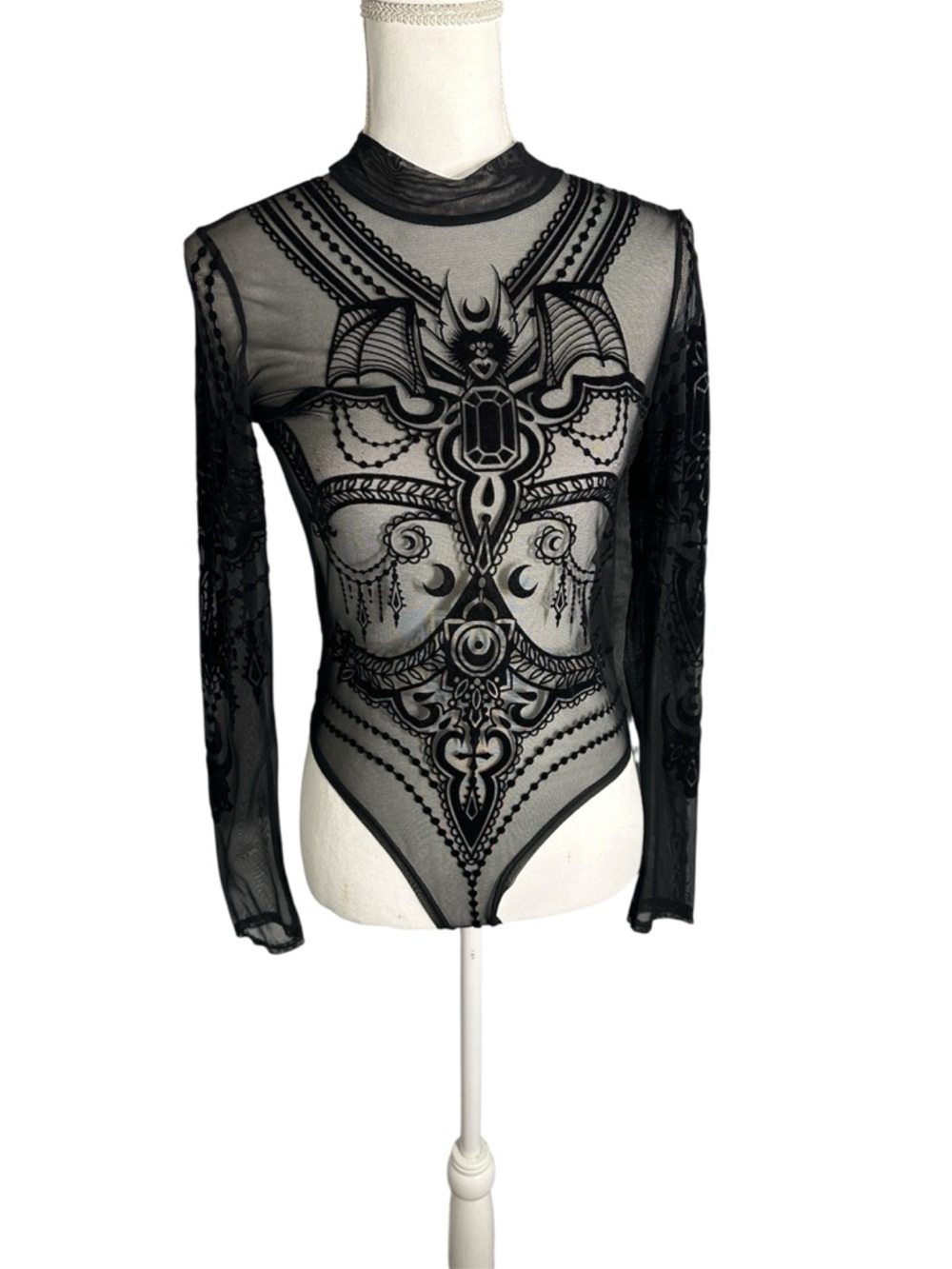 Black Sheer Mesh Long-Sleeve Velvet Burnout Bodysuit - Elegant Gothic Detail
